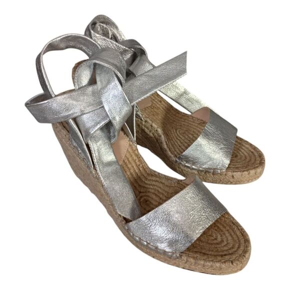 Loeffler Randall Harper Ankle Tie Espadrille Wedge Sandals Silver Leather 6.5 - Picture 1 of 9